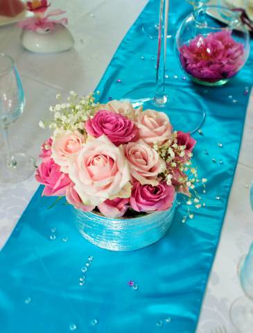 déco de table en bleu Turquoise et blanc  Table mariage bleu, Table  mariage bleu et blanc, Déco mariage bleu turquoise