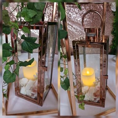 Lanterne métal H 40 cm cuivrée rose gold - Location deco mariage
